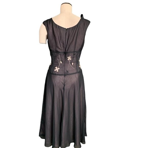London Times Plus Sz 14 Sheer Black Lined Chiffon Dress Flower Appliqués #224C - Picture 4 of 7